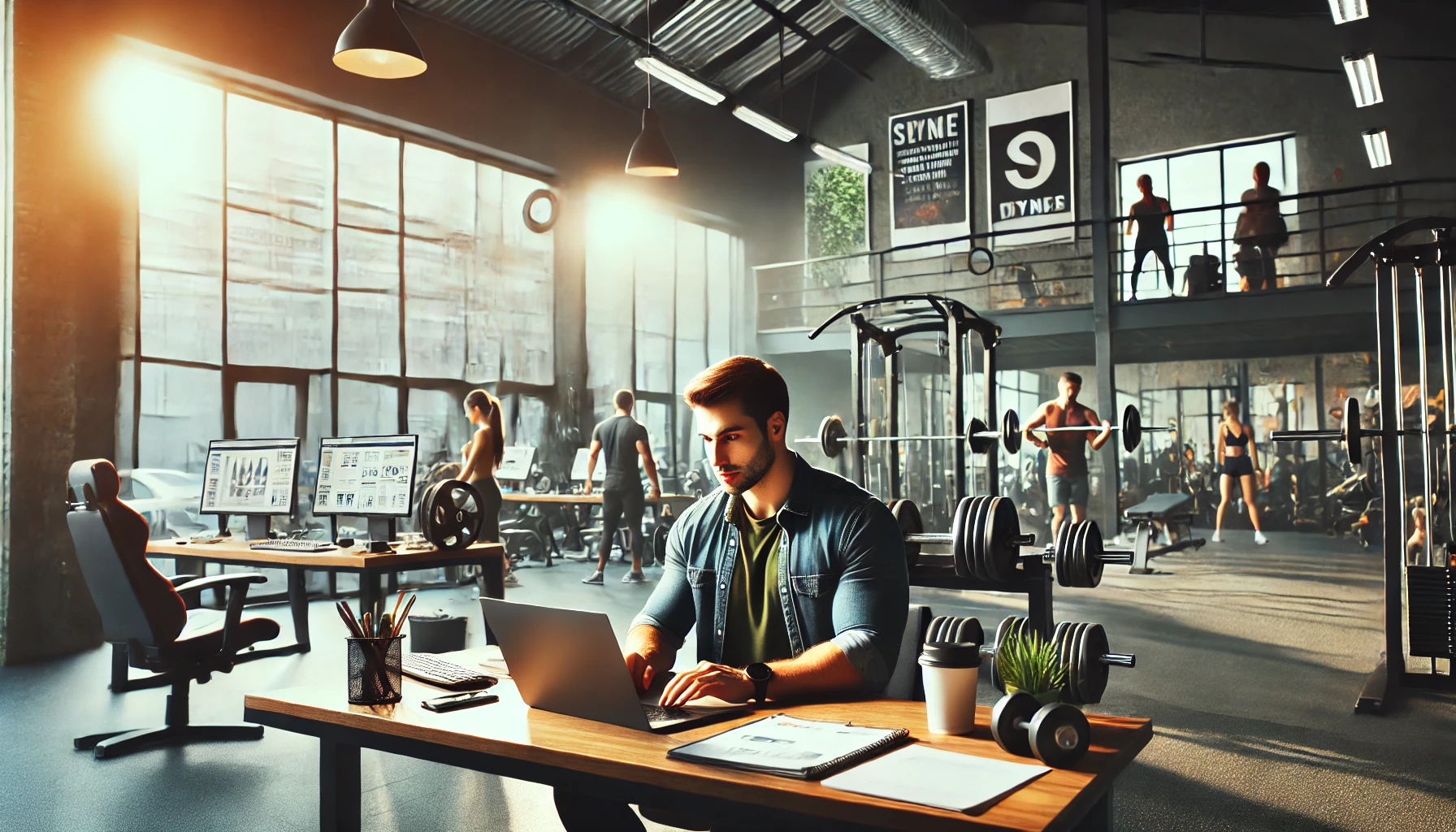 DALL·E 2024 08 27 09.36.18 A gym owner is sitting in his office working on his laptop. The office has a modern professional look with a window showing the gym in the backgroun